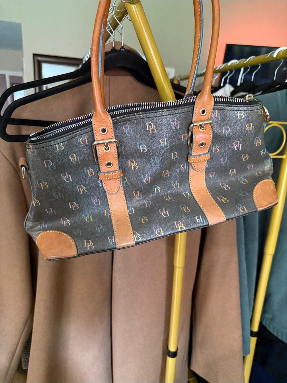 Dooney & Bourke Brown Logo Jacquard Satchel with Tan Leather Trim